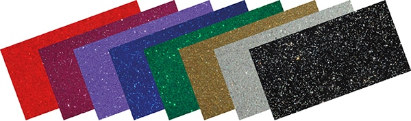 The range of KPMF K75100 Glitter Series in 8 glittering heavily flaked sign vinyl colours. Each of the colour samples are shown, from left to right: red, pink, lilac, dark blue, forest green, gold, silver and sparkling black.