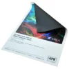 KREA Blackback Soft 1056-16 printable fabric sample is pictured with the corner folded over to show the front print and reveal the reverse side which has a completely black backing to provides total opacity to this versatile, woven and coated display print textile.
