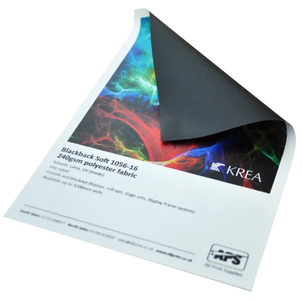 KREA Blackback Soft 1056-16 printable fabric sample is pictured with the corner folded over to show the front print and reveal the reverse side which has a completely black backing to provides total opacity to this versatile, woven and coated display print textile.