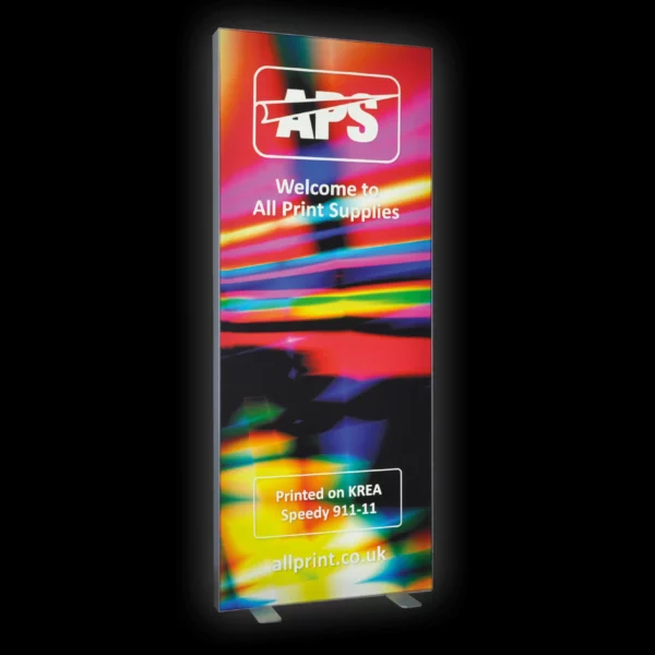 KREA Speedy 911-11 digitally printed fabric with corporate brand imagery is fixed in a light box tension display column, with the backlit graphic offering intense vibrant colours as the light from behind adds extra punch to the colours and the deep black inks.