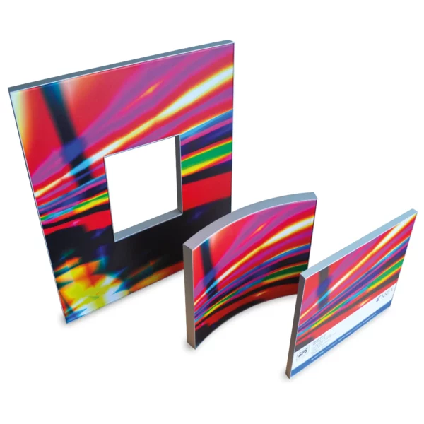 KREA Speedy 911-11 display fabric, digitally printed and installed into variously shaped tension display frames, including curved frames, flat frames, and even frames within display frames!