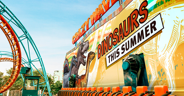 LF 8510 CS PP gloss PVC-free print laminate covering a dinosaur themed funfair ride printed graphic.