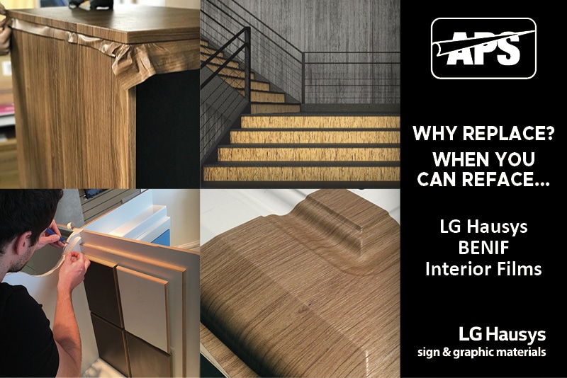 LG Hausys BENIF interior decoration vinyls showing just 4 of the many different wood effect textured vinyls each in different stages of completed and partly installed colour change refurbishments on stairwells and furniture.