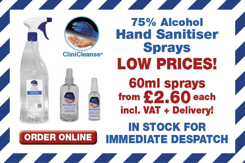 Hand Sanitiser spray bottles in 3 sizes: 60ml, 250ml and 1L clear bottles with sprayers.