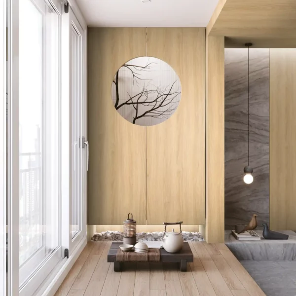 LX BENIF classic wood self-adhesive interior films from the PW range of woodgrain finshes are applied here to decorate various surfaces, including walls and furniture, in this delicate and complimentary coloured design for a Japansese styled tea room.