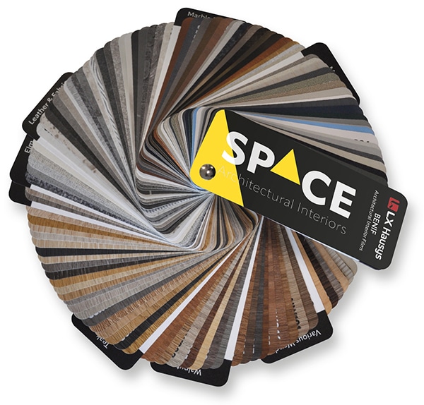 spAce branded decorative interior films swatch shown fanned out 360 degrees with over 100 of the most popular self-adhesive sample patterns and interior decoration finishes from the spAce UK HOT 100+ range of LX Hausys decor vinyls.