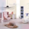 LX fabric pattern interior films from the SF range decorate an ultra modern living room, with walls and furnishings covered in peach, pinks and pastel decorative colours.
