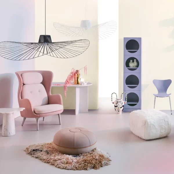 LX fabric pattern interior films from the SF range decorate an ultra modern living room, with walls and furnishings covered in peach, pinks and pastel decorative colours.