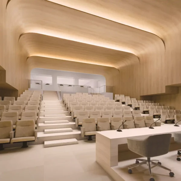 LX Hausys BENIF range of self-adhesive interior films for interior design transforms most surfaces, including ceilings, like this large auditorium lecture theatre that has been covered with a light oak wood textured vinyl that also wraps down to the floor, covering all wall surfaces as well.