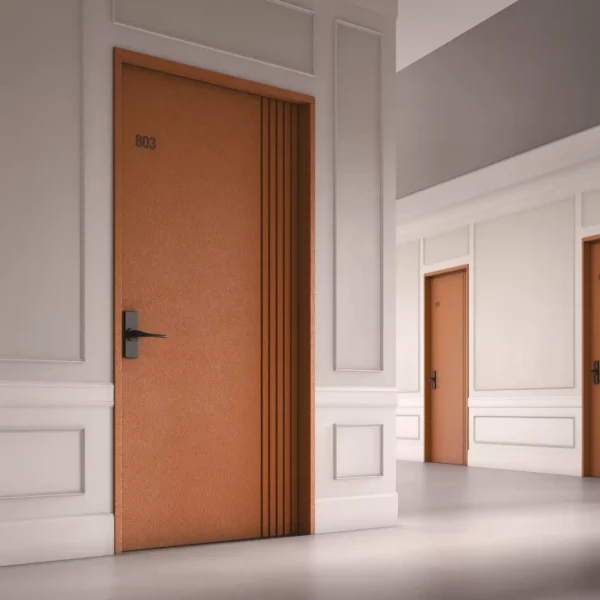 LX Hausys BENIF self-adhesive interior films range can be applied to most surfaces, including to doors to change them from boring to stylish and interesting, like this hotel corridor where the door surfaces have been wrapped in the same brown leather textured vinyl, including door trim and architraves, all finished off with black door numbers and handles.