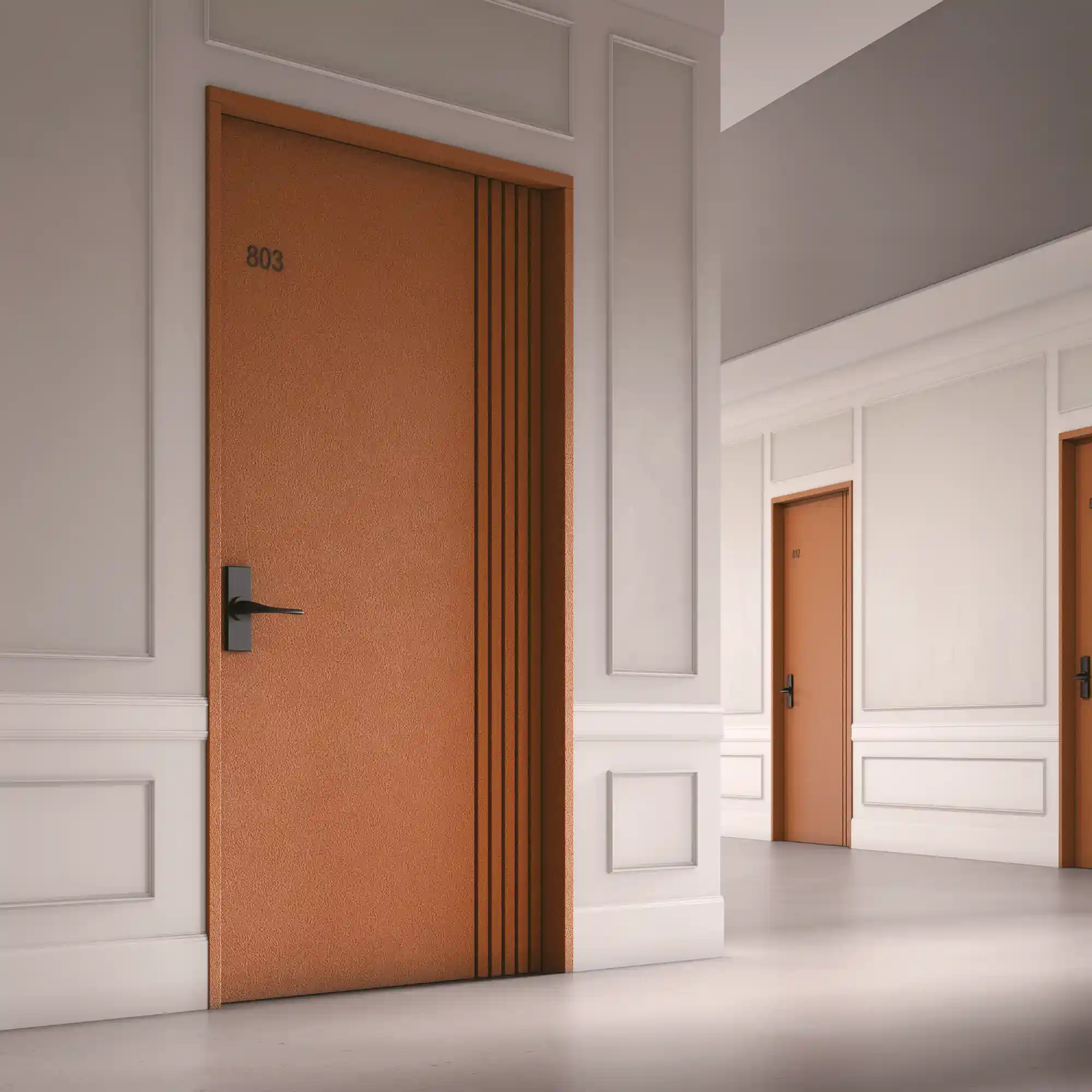 LX Hausys BENIF self-adhesive interior films range can be applied to most surfaces, including to doors to change them from boring to stylish and interesting, like this hotel corridor where the door surfaces have been wrapped in the same brown leather textured vinyl, including door trim and architraves, all finished off with black door numbers and handles.