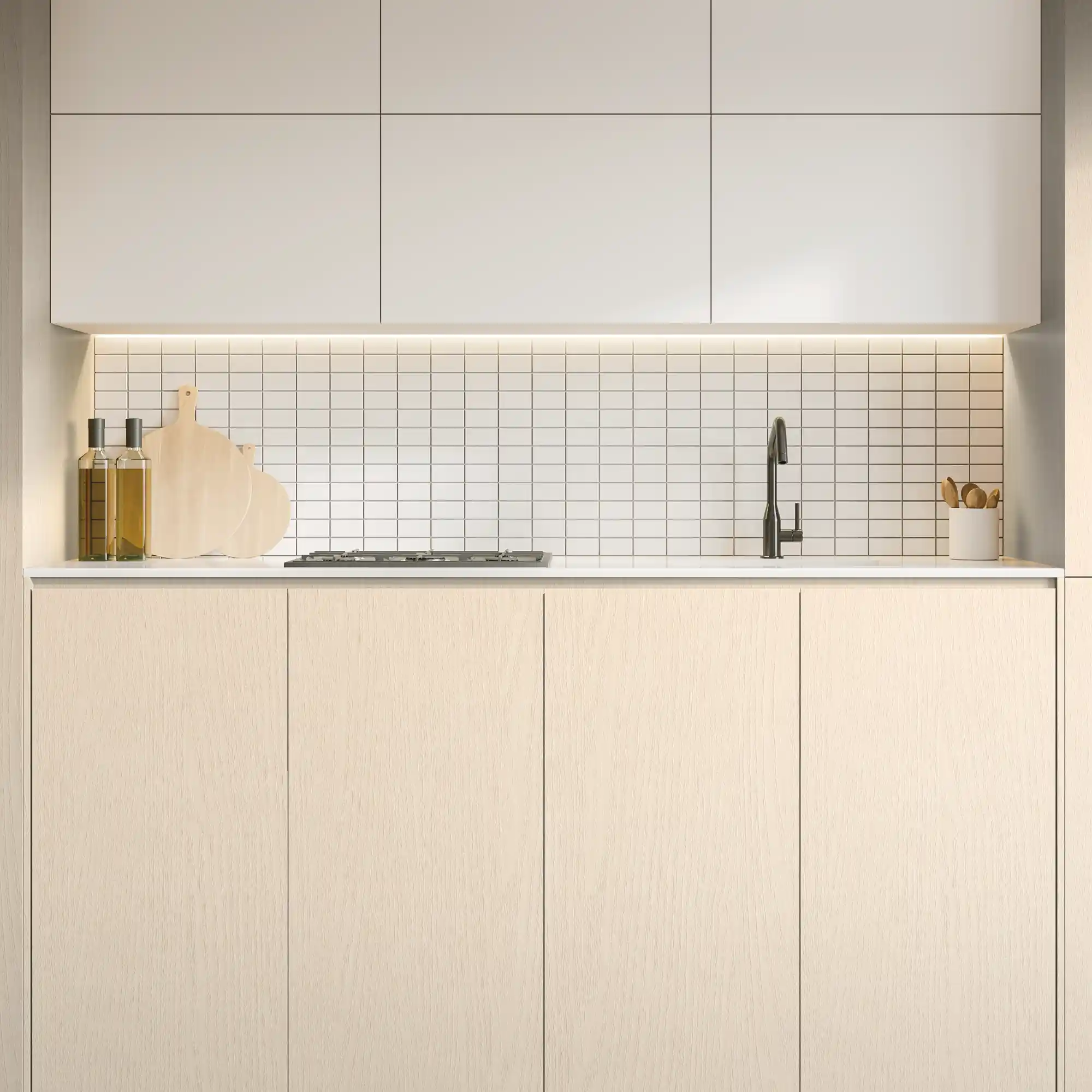 LX Hausys BENIF self-adhesive interior vinyls are designed to cover most interior surfaces, adding contemporary style and to bring old, tired looking furniture and decorations back to life, like in this kitchen refurbishment that uses different but complimentary textured vinyls to cover the wall and floor cabinet doors and surrounds.