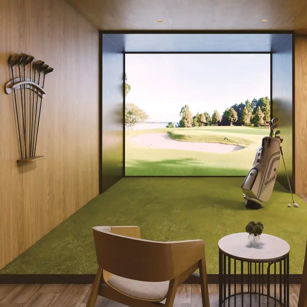 LX Hausys interior films 'BW' big wood pattern finish vinyls decorate the walls, ceiling and furniture of this indoor golf simulator room, offering a contemporary organic outdoors inspored light wood style.