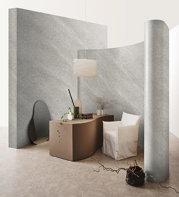 From LX Hausys' EL and NS finishes, this exhibition divider screen uses one of the EL Elreina marbled finish films to create this elegant and stylish, modern look with its glorious light grey stone effect.
