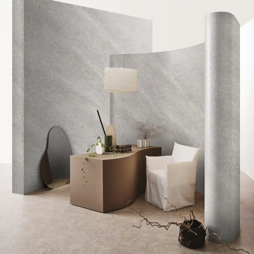 LX marbled interior films from the 'EL' and 'NS' range of coloured finishes decorate this office desk surrounded by exhibition style room divider screens, creating an attractive and private space within a space.