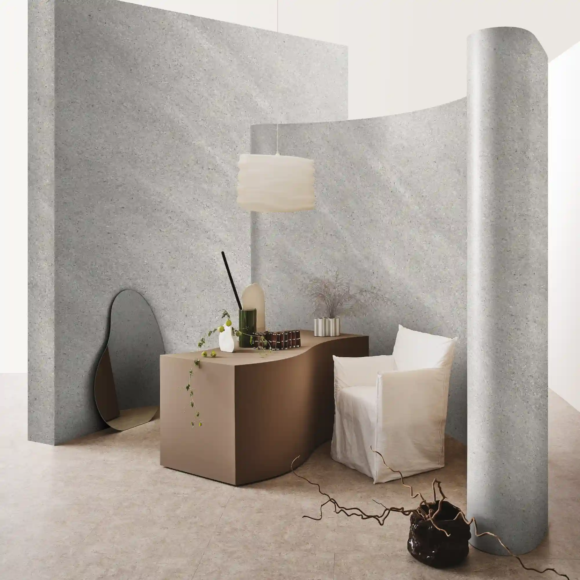 LX marbled interior films from the 'EL' and 'NS' range of coloured finishes decorate this office desk surrounded by exhibition style room divider screens, creating an attractive and private space within a space.