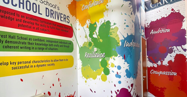 NU-COAT M11-P-P monomeric print vinyl applied to a school wall with educational and informational messaging for the students. Bright colourfull and cheery, these printed wall graphics offer a chance to inspire and educate!