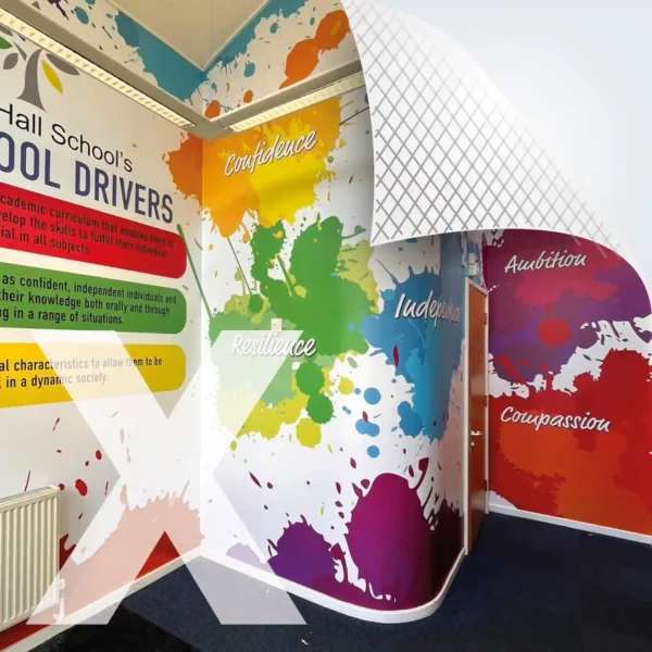 NU-COAT M11-P-X monomeric print vinyl with airXit permanent adhesive for easier, bubble-free applications applied to a school corridor wall with printed graphics in a bright and colourful paint spatter design with insiprational and informative text.