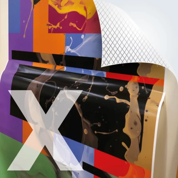M15-P-X matt white self-adhesive print vinyl with air-release, bubble-free graphics adhesive has been printed with a colourful, decorative abstract design that is half-applied to a flat surface with the airXit liner hanging down away from the adhesive side of the film but remaining attached at the bottom of the film prior to being completely removed and fully stuck into position on the substrate. The top right corner of the picture includes a superimposed graphic with a folded down corner and cross-hatched lines that depict the embossed air release liner characteristic of this monomeric graphics film.