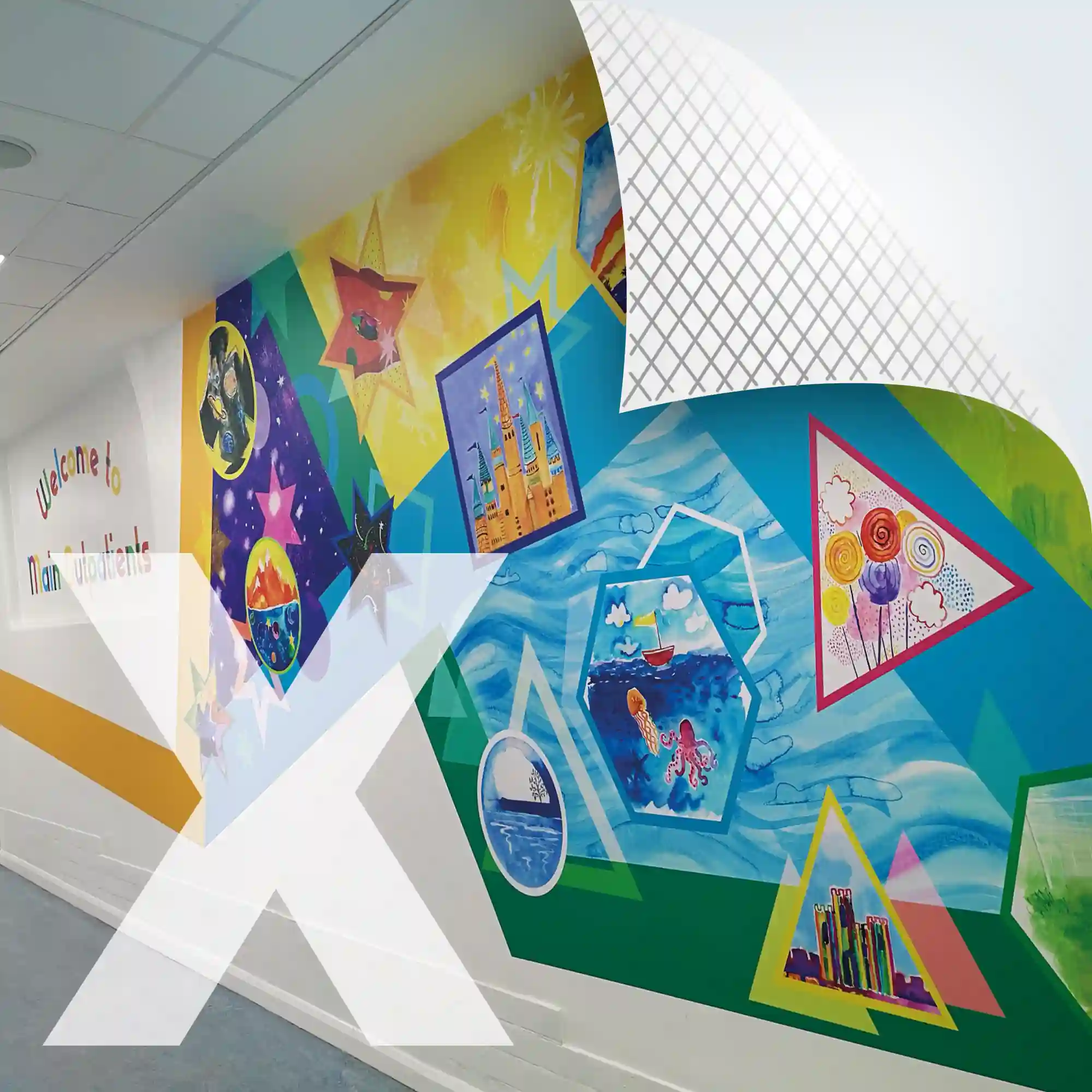 NU-COAT M16-H-X coverall highGRAB bubble-free print vinyl is applied here to a wall in a childrens hospital to add bright, colourful graphics to decorate the corridor walls of the outpatients area.