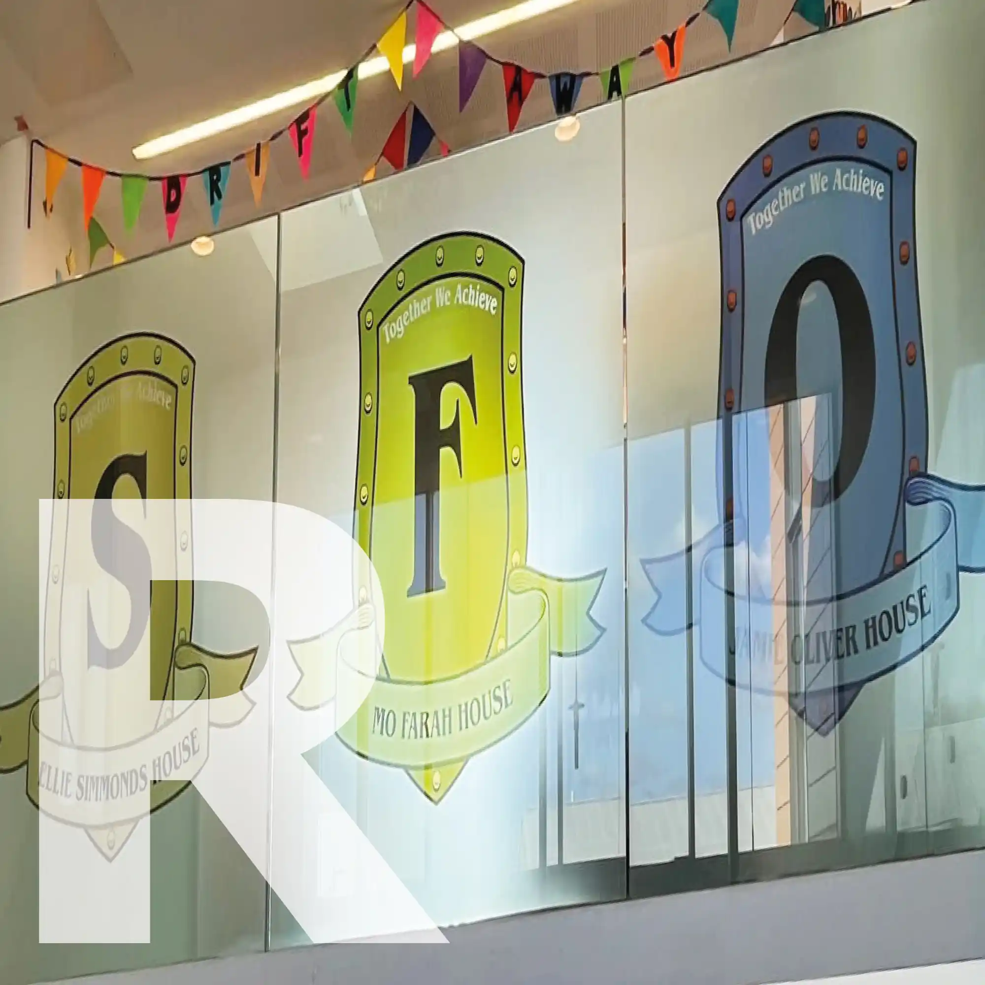 NU-COAT 'M' Series with ReMOVE adhesive features M21-R-P transparent gloss print vinyl with removable self-adhesive which can be removed cleanly from most surfaces within 1 year of application. Used here for temporary school 'house' branded graphics that are applied to an internal glass partition wall.