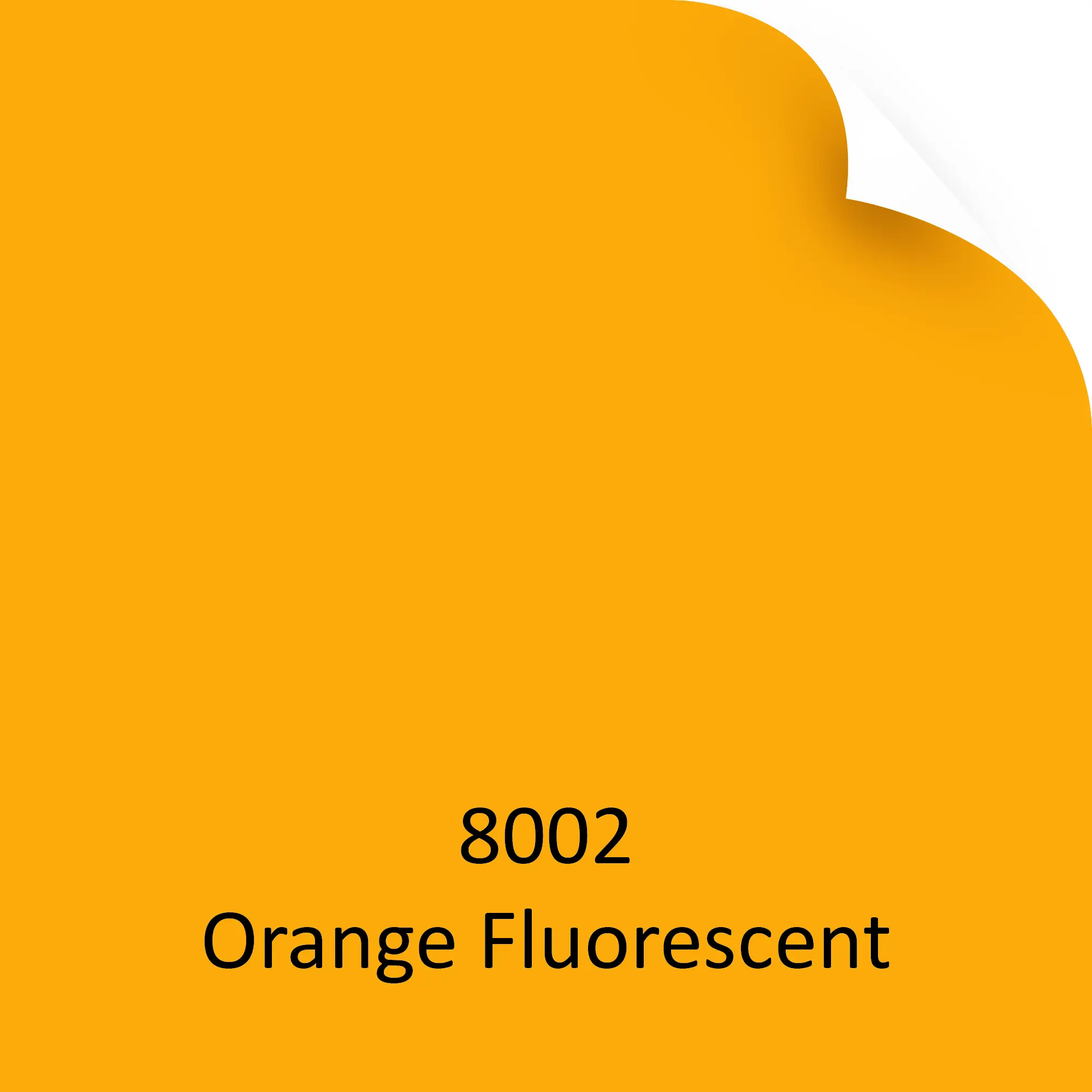 MACal 8002 Orange fluorescent matt self-adhesive sign vinyl depicted here as a colour-sample-chip image representing the striking, bold colour of the film with the top right hand corner of the vinyl image sample folded slightly down.