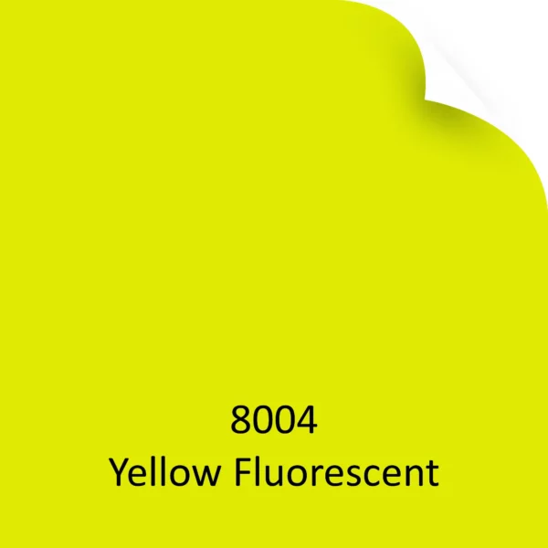 Mactac's MACal 8004 fluorescent Yellow self-adhesive matt sign vinyl is depicted here as a colour-sample-chip image representing the striking, bold colour of the film with the top right hand corner of the vinyl image sample folded slightly down.
