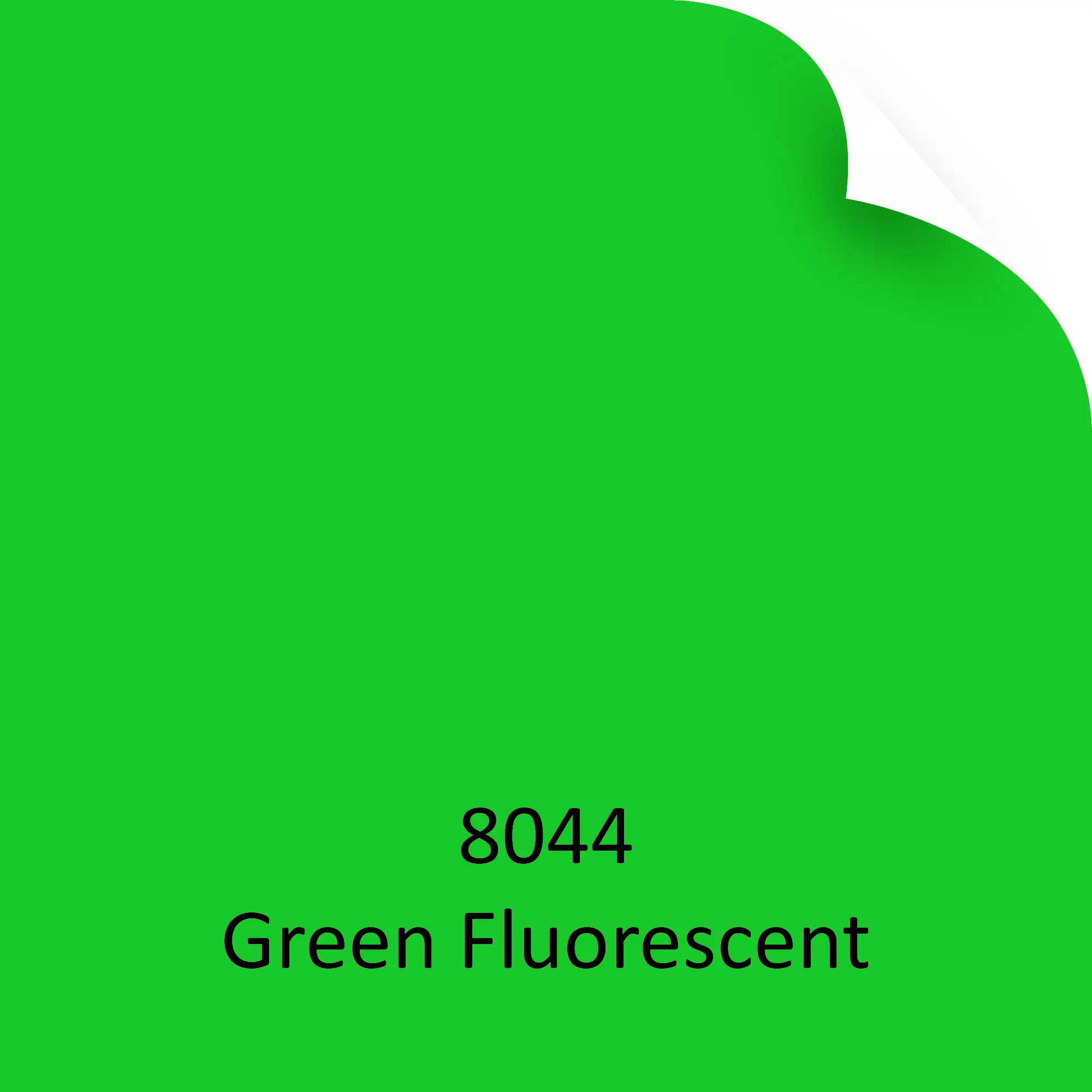 MACal 8044 Green matt fluorescent colour self-adhesive sign vinyl shown here as a colour-sample-chip image representing the striking, bold colour of the film with the top right hand corner of the vinyl image sample folded slightly down.