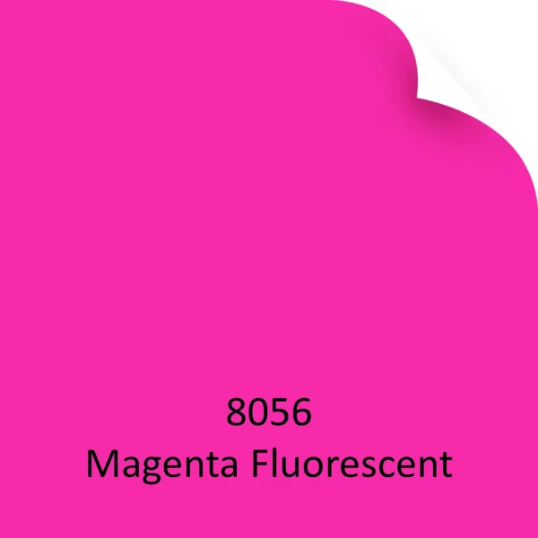 Mactac MACal 8056 Magenta fluorescent matt coloured self-adhesive sign vinyl shown here as a colour-sample-chip image representing the striking, bold colour of the film with the top right hand corner of the vinyl image sample folded slightly down.