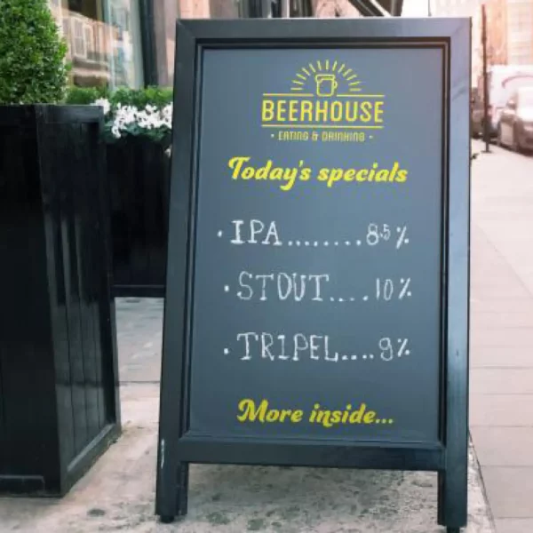 Mactac MACal 8300 cut-sign vinyl branding for a Beerhouse "Todays Specials" menu board, placed outside a pub to advertise beer prices and more.
