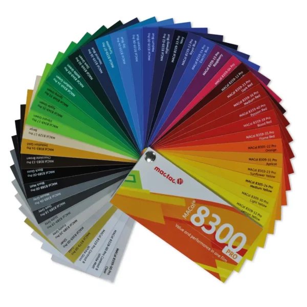 Fanned out sign vinyls colour swatch showing the full-specturm of colours available in the MACal 8300 self-adhesive PVC films swatch.