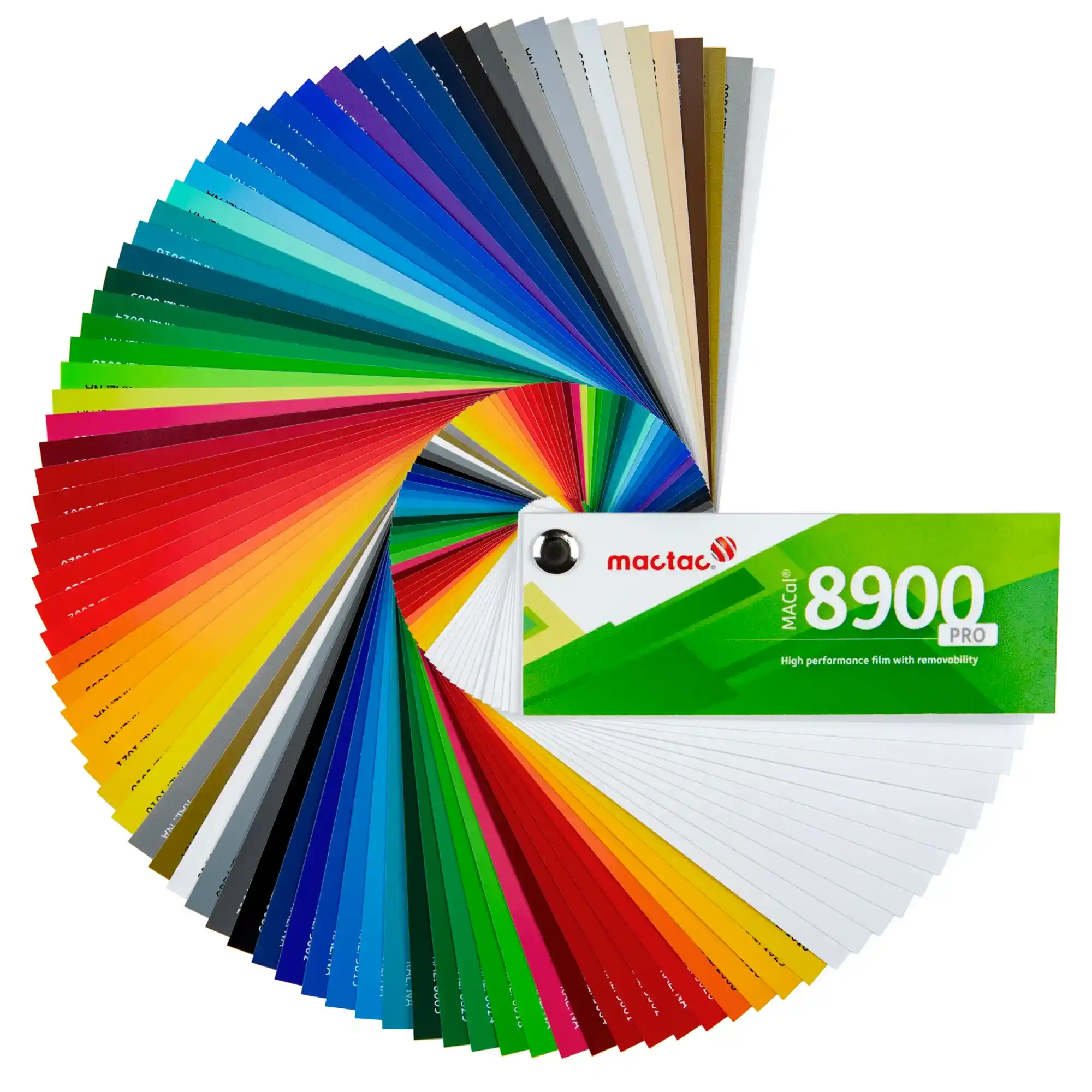 The complete choice of MACal 8900 colour sign vinyls revealed in this fanned out swatch, showing the full rainbow of colour choices available within this removable self-adhesive PVC films swatch for signmaking.