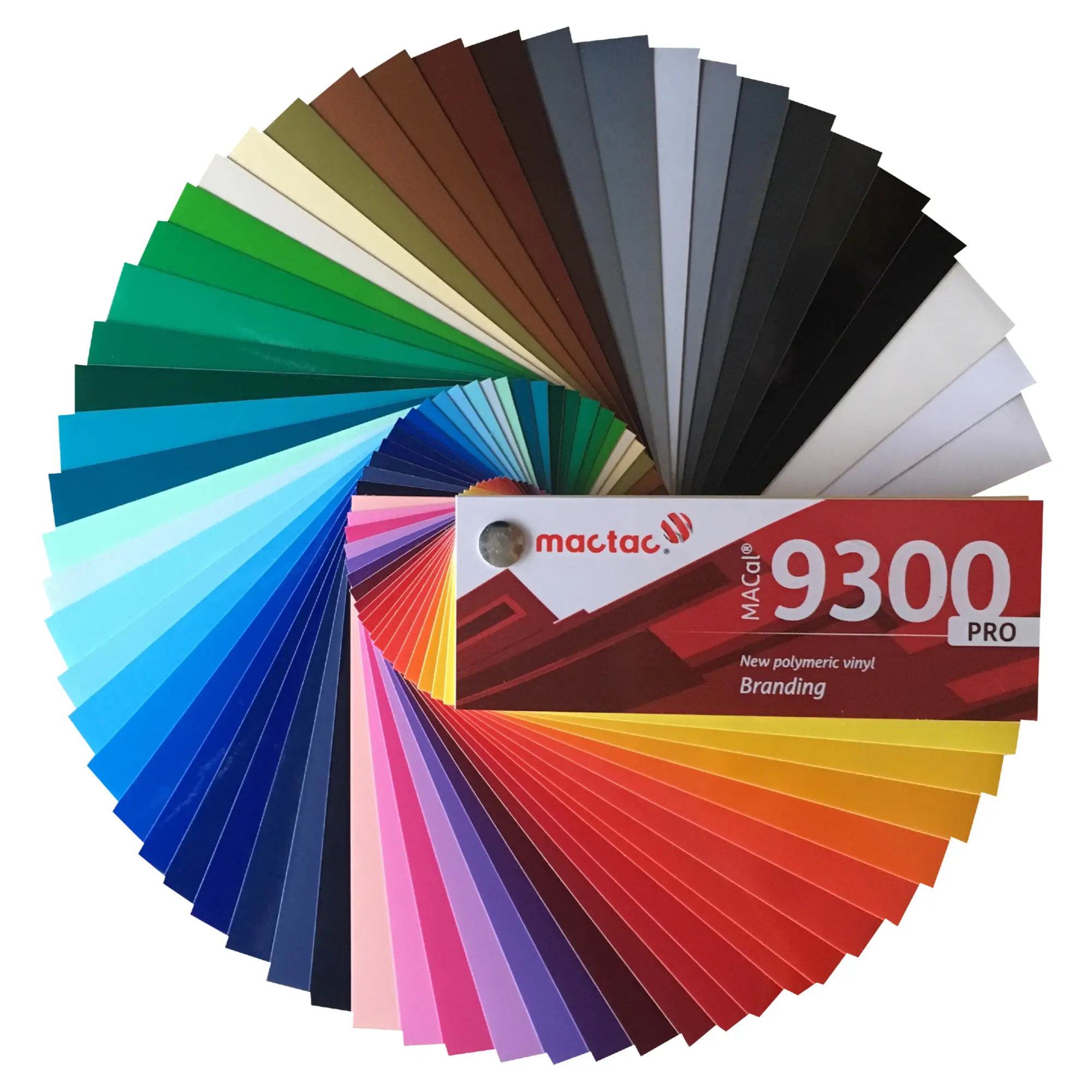 Mactac MACal 9300 sign vinyl swatch fanned out in a full 360 degree circle to show all 60 colours of self-adhseive signage films available in this range of graphics branding films.
