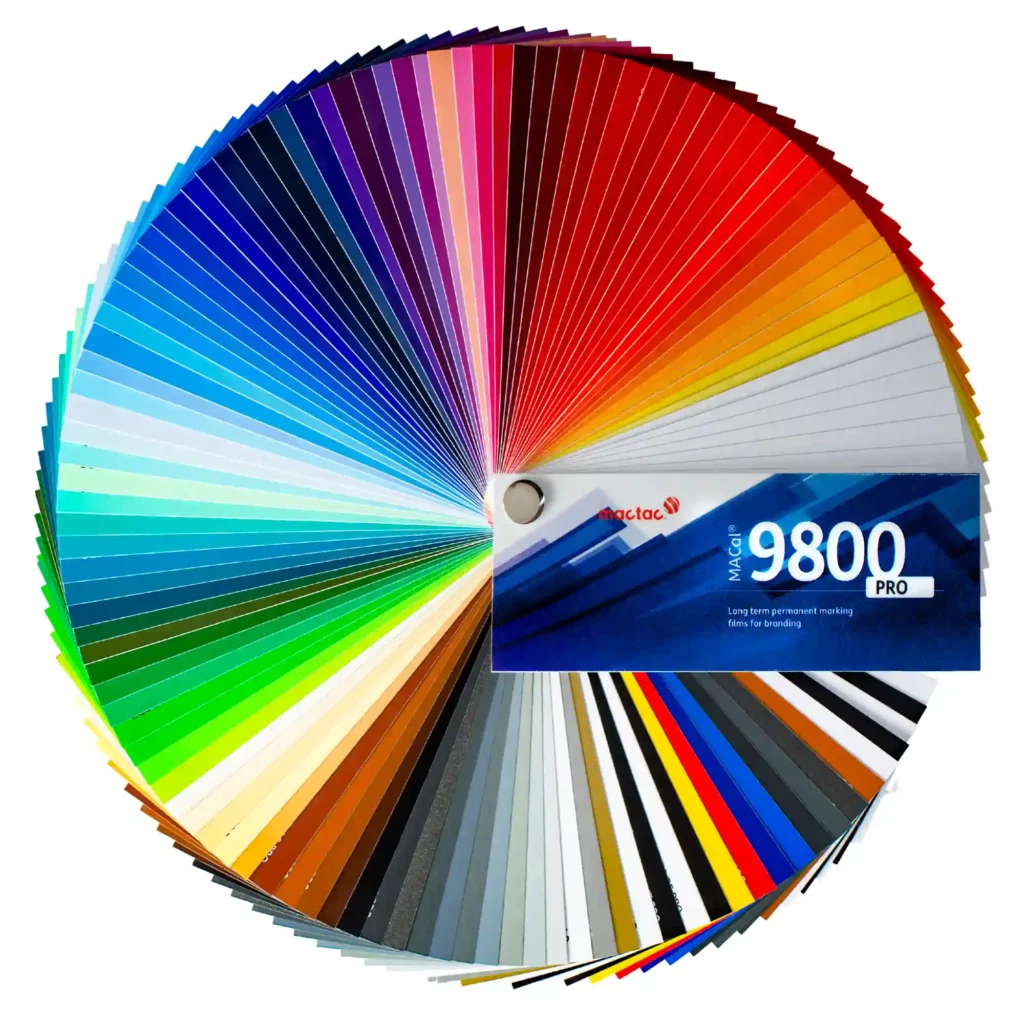 The MACal 9800 self-adhesive colour vinyl signage films swatch is fanned out in a full 360 degree circle to show the complete range of different colours and gloss, matt and metallic finishes that are available.