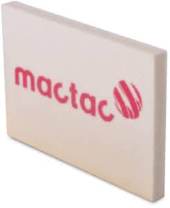 4 inch felt block graphics applicator, branded with Mactac's red logo placed centrally on only one side of the felt squeegee.