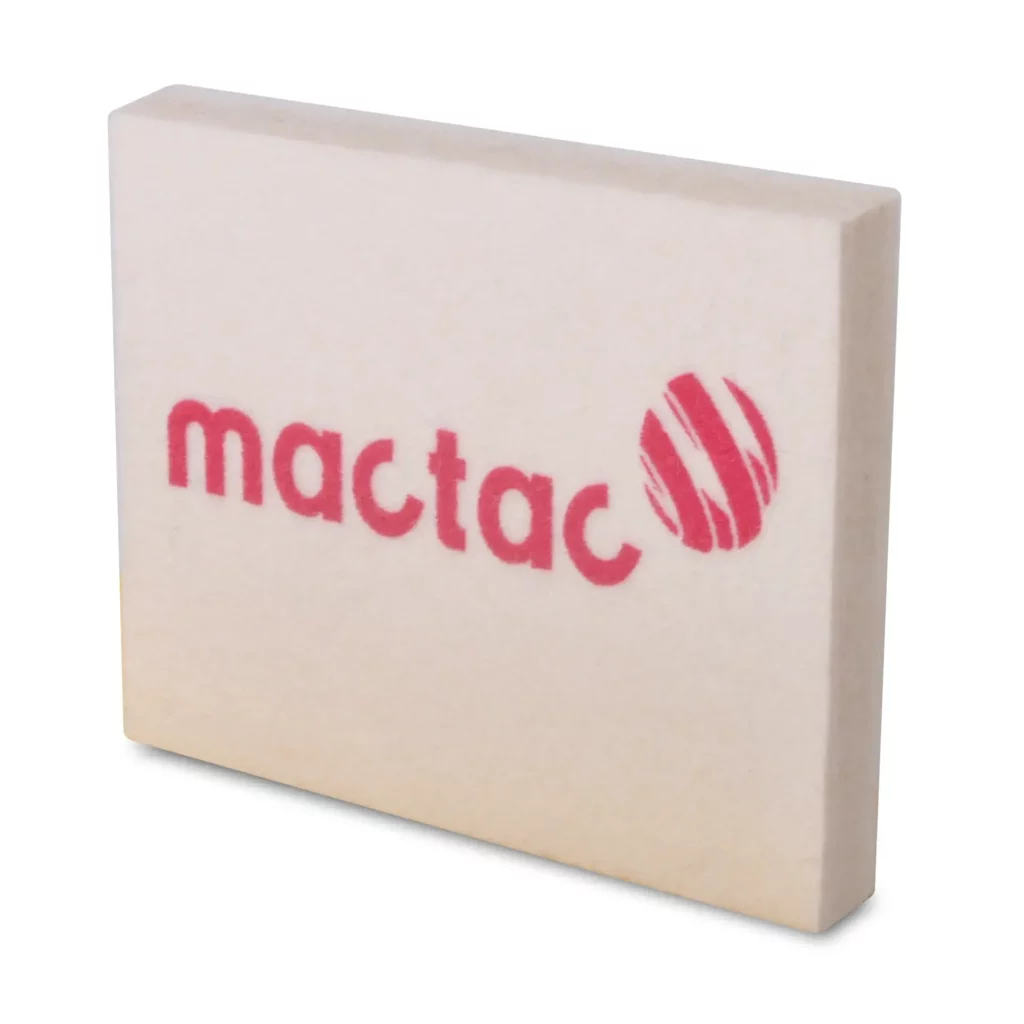 4 inch felt block graphics applicator, branded with Mactac's red logo placed centrally on only one side of the felt squeegee.