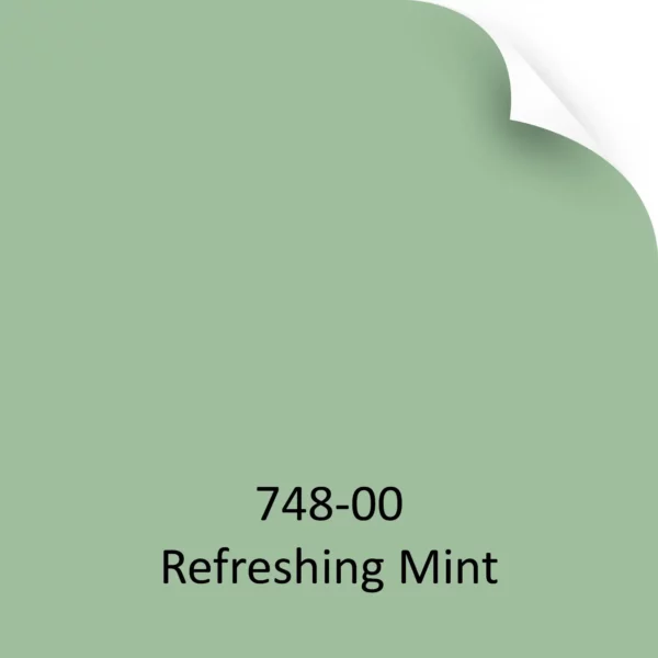 Mactac 748-00 Refreshing Mint translucent solid colour window film shown here as a colour-sample-chip graphic to represent the crystal finish light green colour of this self-adhesive graphics film, with the top right hand corner of the sample image folding downwards.