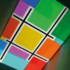 Mactac 700 Tints Series of coloured self-adhesive vinyls applied here to a skylight windo, arranged into square shapes and placed together in a Modrain style to decorate this glass and to add colour into the room from the outside.