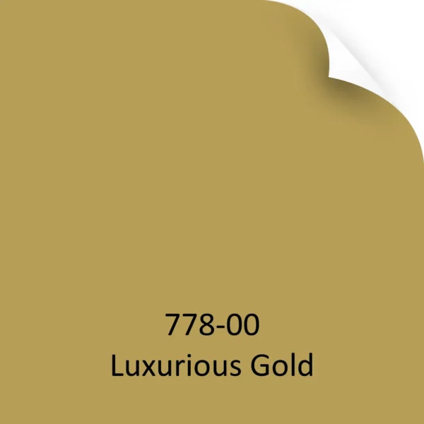 Mactac 778-00 Luxurious Gold self-adhesive colour window tint vinyl is represented here as a colour-sample-chip graphic to represent the metallic gold colour of the film with the top right hand corner of the vinyl image sample folding downwards.