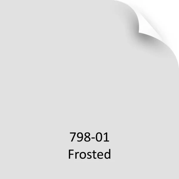 Mactac 798-01 Frosted self-adhesive window tint film represented here as a colour-chip-sample graphic to offer an idea of the light crystal/silver colour of the self-adhesive vinyl, with the top right hand corner folding slightly downwards.