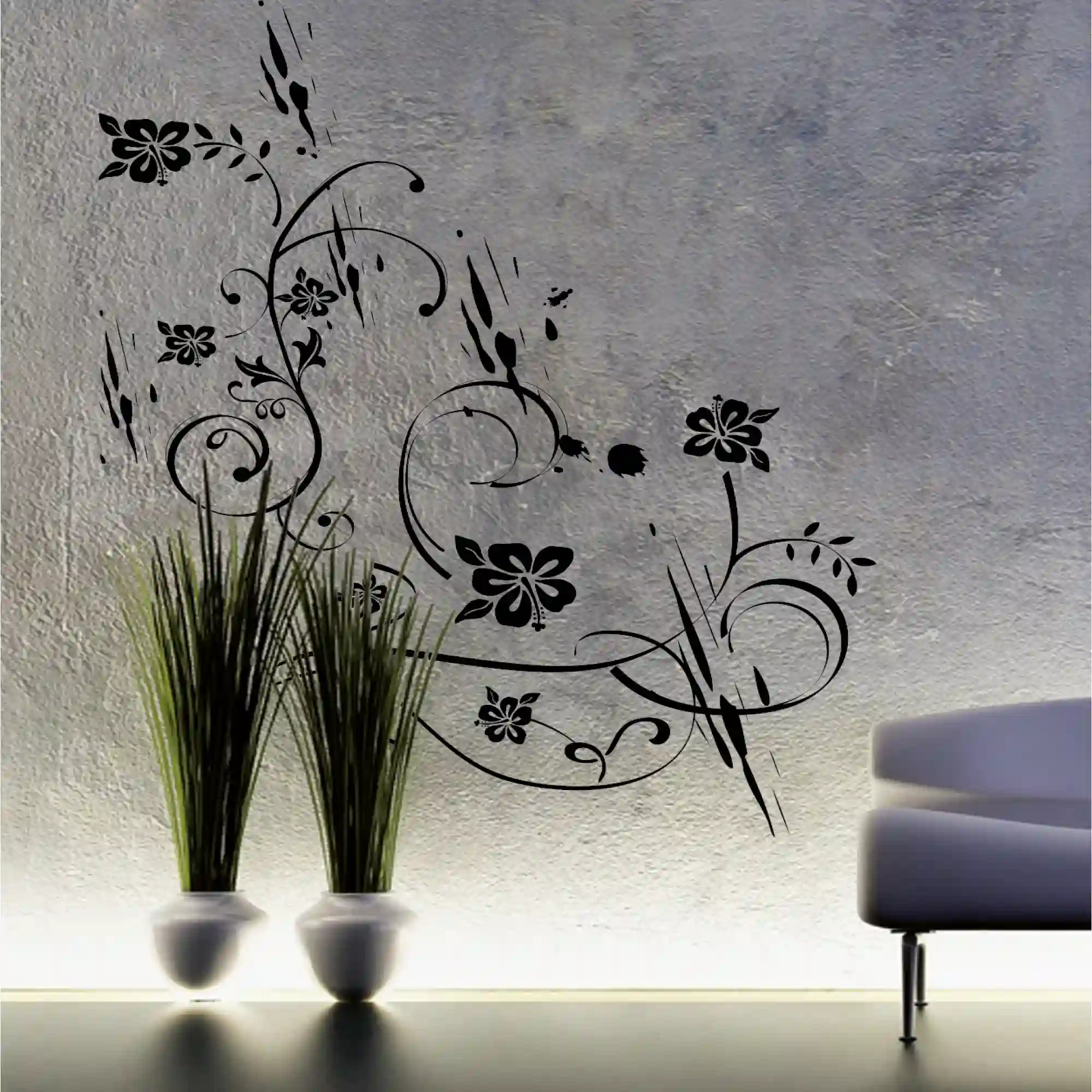 Msctac 8200 black cut-vinyl artwork depicting a floral desig, stuck onto a grey wall as large format decoartive interior wall art.