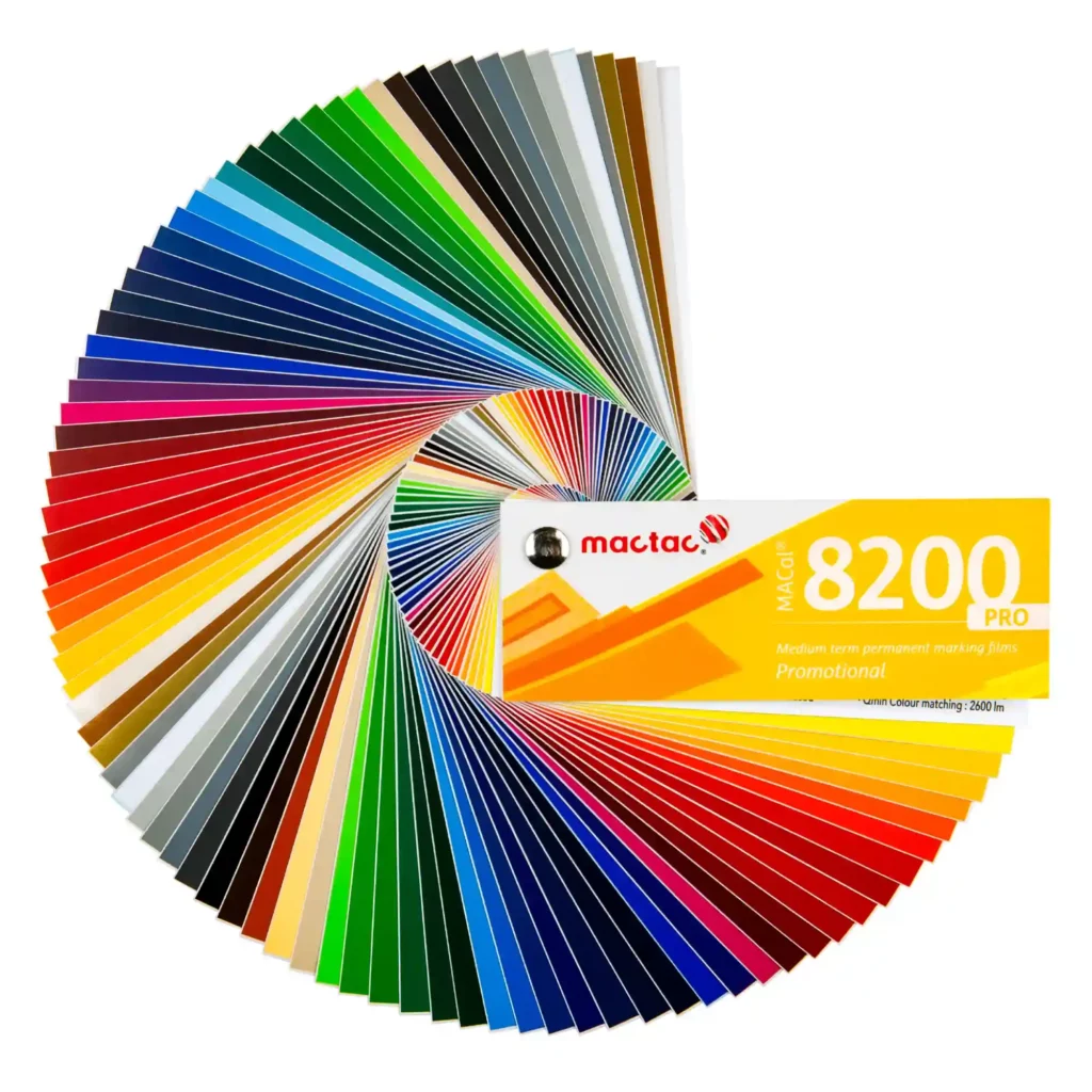 MACal 8200 coloured sign vinyls swatch from Mactac, fanned out to reveal the full spectrum of self-adhesive film colours in this range of promitional graphics films.