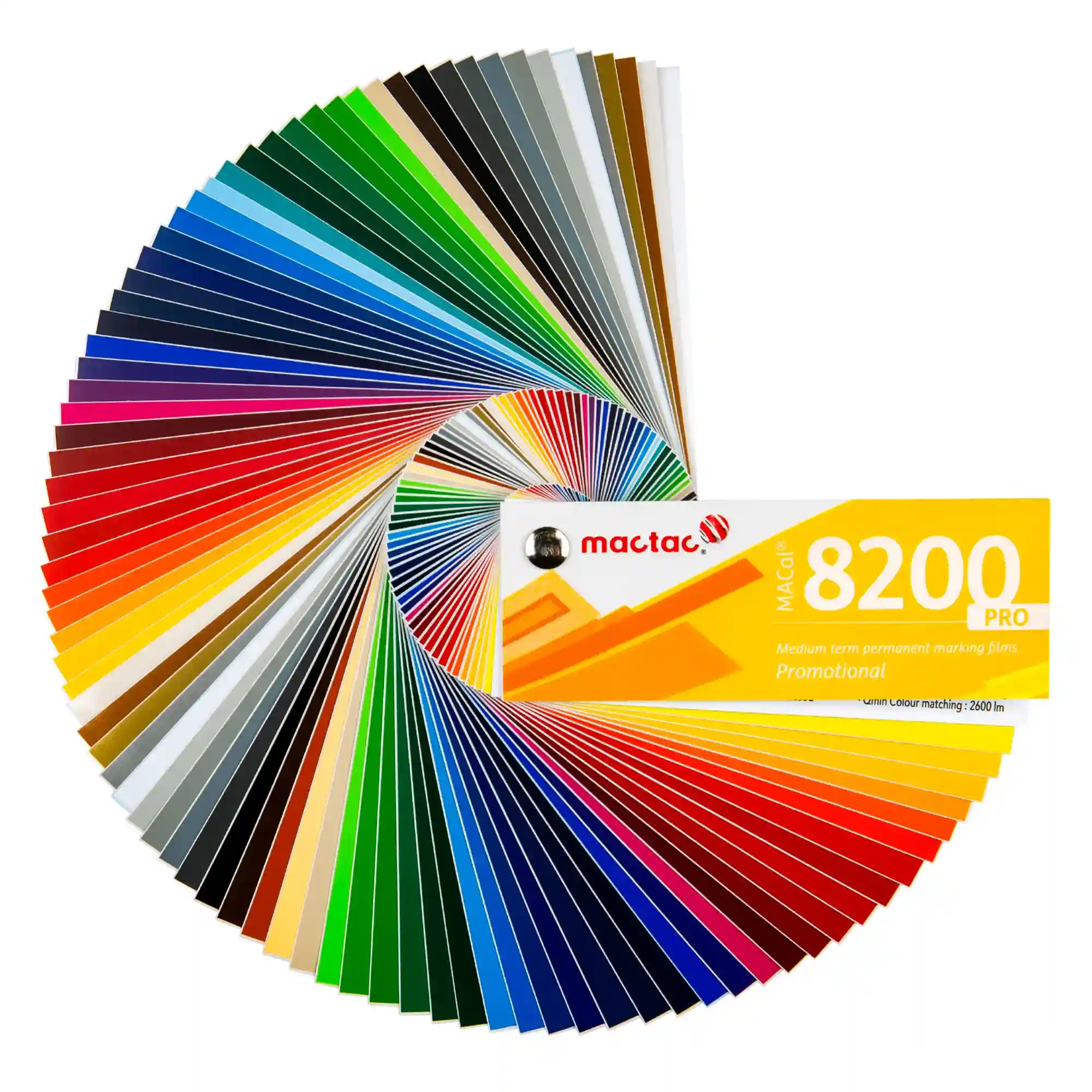 MACal 8200 coloured sign vinyls swatch from Mactac, fanned out to reveal the full spectrum of self-adhesive film colours in this range of promitional graphics films.