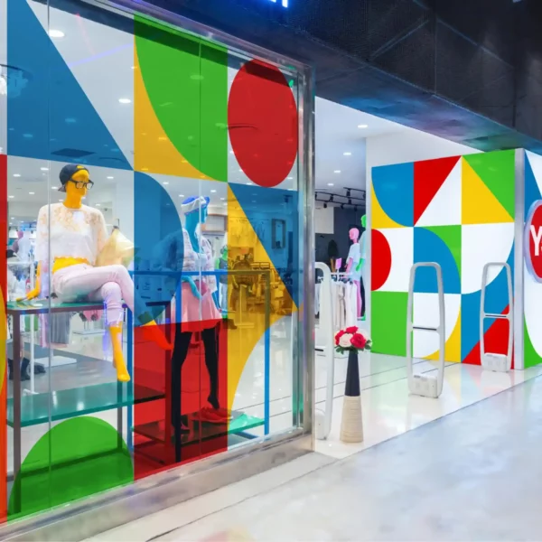 Mactac 9700 Series of self-adhesive decorative translucent colour vinyls have been cut into triangle, circle and square coloured shapes and arranged in an abstract artistic pattern to create this eye-catching backlit retail store front window display.