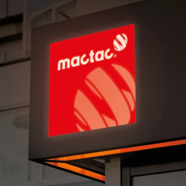 Mactac 9798-30 and 9798-60 Light Diffuser films accentuating the strength of light that is allowed to travel through the film, these backlit vinyls help to pick out the different strength of the red colours in various areas on this illuminated sign.