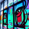 A 'tape-over' style, abstract animalistic image using Mactac 9800 range of pastel sign vinyl shades, in greens, reds, oranges, blues and purple colours which are appied in idividual strips of coloured vinyls to an internal window forming the shape of a Puma's face with black cut-vinyl eyes prominent at the centre of the window design... a work of art!