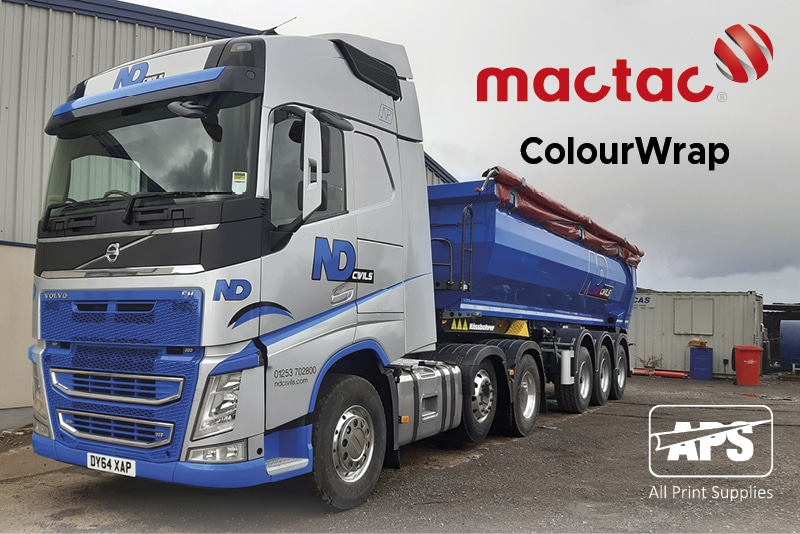 A Volvo Truck which has been superbly wrapped by one of our customers, B-Line Graphics, using GM61 Gloss Metallic Silver from the Mactac ColourWrap Series of vehicle wrapping films.