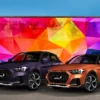 Mactac Colourwrap Metallic Satin vinyl wrap films in Dark Copper and Dark Purple colours transform these cars to bring the zing to colour-change these road cars. In the background is a funky, modern geometric abstract wall graphic in printed in fiery hot accented colours.