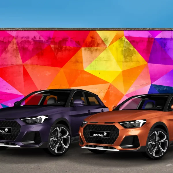 Mactac Colourwrap Metallic Satin vinyl wrap films in Dark Copper and Dark Purple colours transform these cars to bring the zing to colour-change these road cars. In the background is a funky, modern geometric abstract wall graphic in printed in fiery hot accented colours.