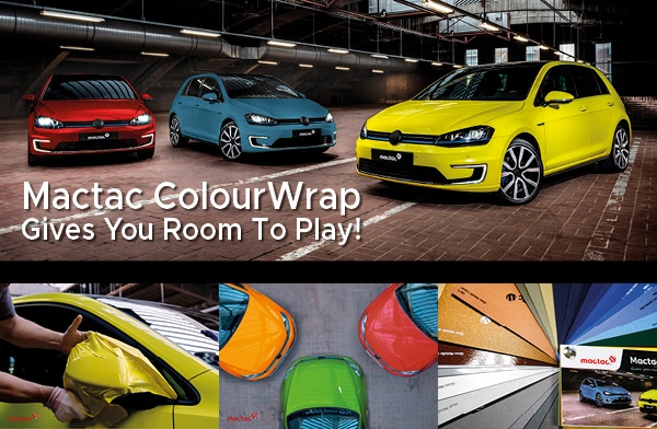 Mactac ColourWrap vehicle wrapping campaign images of vehicle wing mirror being wrapped in yellow vinyl and a series of cars in different coloured wraps and the mactac colour sample swatch fanned out.